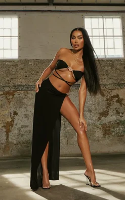 Black Diamante Trim Extreme Split Maxi Skirt