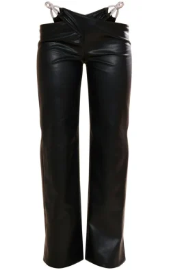 Black Diamante Trim Faux Leather Low Rise Flares