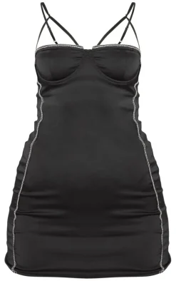 Black Diamante Trim Underwire Satin Bodycon Dress
