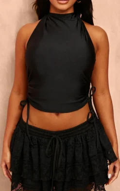 Black Disco Slinky High Neck Backless Top