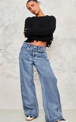 Black Distressed Cable Knit Button Detail Cropped Sweater