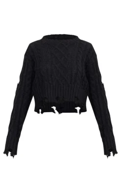 Black Distressed Cable Knit Button Detail Cropped Sweater