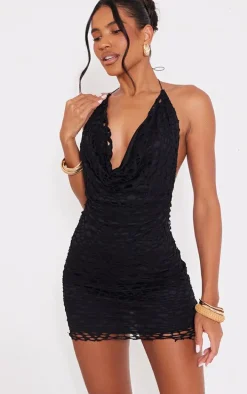 Black Distressed Cowl Halterneck Mini Dress