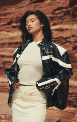 Black Distressed Faux Leather Racer Jacket