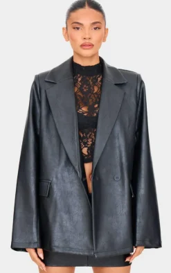 Black Distressed Faux Leather Blazer