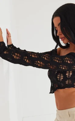 Black Distressed Knit Bardot Long Sleeved Top