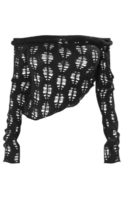 Black Distressed Knit Bardot Long Sleeved Top