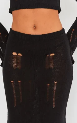 Black Distressed Ladder Knit Maxi Skirt