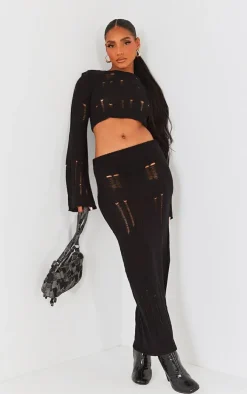 Black Distressed Ladder Knit Long Sleeve Top