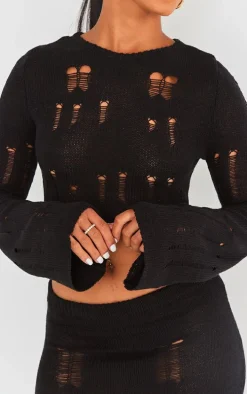 Black Distressed Ladder Knit Long Sleeve Top