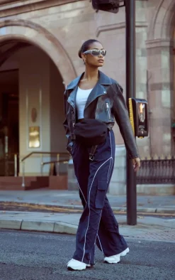 Black Distressed Look Oversized Belted Hem Biker Jacket