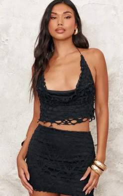 Black Distressed Overlay Cowl Neck Top