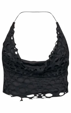 Black Distressed Overlay Cowl Neck Top
