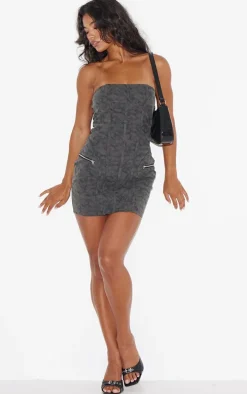 Black Distressed PU Bandeau Zip Detail Bodycon Dress