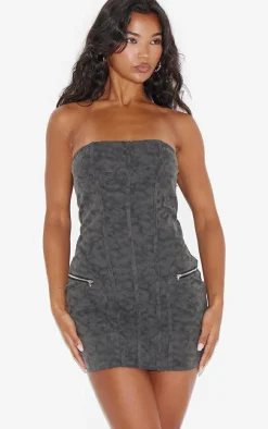 Black Distressed PU Bandeau Zip Detail Bodycon Dress