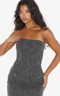 Black Distressed PU Bandeau Zip Detail Bodycon Dress