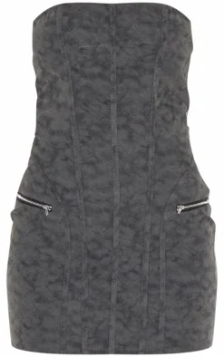 Black Distressed PU Bandeau Zip Detail Bodycon Dress