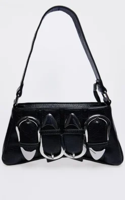Black Distressed PU Buckle Baguette Shoulder Bag
