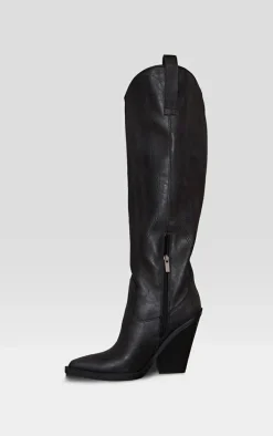 Black Distressed PU Point Toe Knee High Block Heel Western Boots
