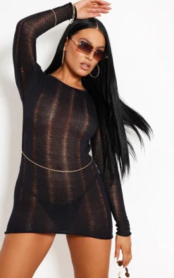 Black Distressed Sheer Backless Long Sleeve Bodycon Dress