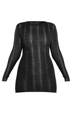 Black Distressed Sheer Backless Long Sleeve Bodycon Dress