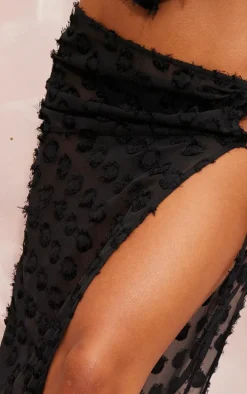 Black Distressed Sheer Polka Dot Tie Waist Maxi Skirt