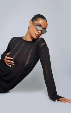 Black Distressed Textured Oversized Long Sleeve Shift Dress