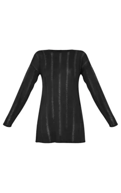 Black Distressed Textured Oversized Long Sleeve Shift Dress