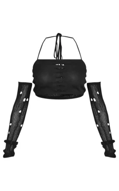 Black Distressed Textured Knit Crop Top