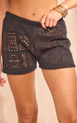 Black Distressed Textured Rib High Waisted Hot Pants