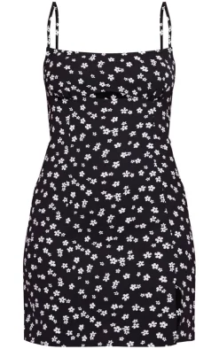 Black Disty Floral Woven Cut Out Split Detail Bodycon Dress