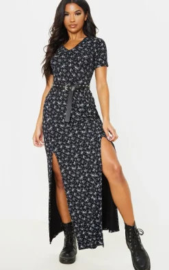 Black Ditsy Floral Split Detail Maxi Dress