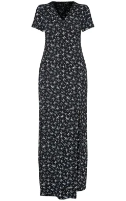 Black Ditsy Floral Split Detail Maxi Dress