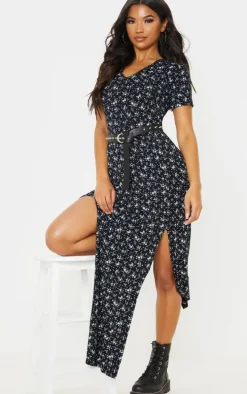 Black Ditsy Floral Split Detail Maxi Dress