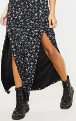 Black Ditsy Floral Split Detail Maxi Dress