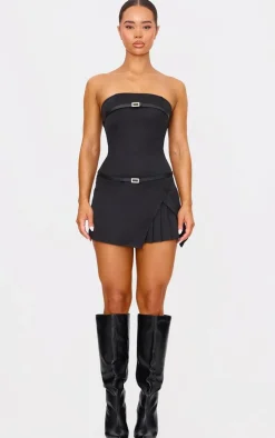 Black Double Belt Bandeau Pleated Mini Dress