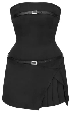 Black Double Belt Bandeau Pleated Mini Dress