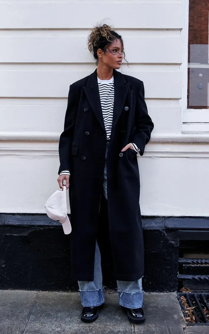 Black Double Breasted Oversized Structured Coat