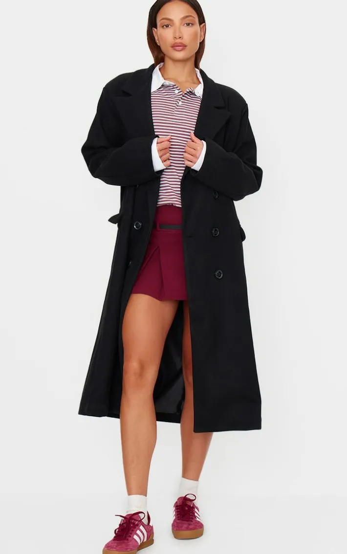 Black Double Breasted Wool Look Overcoat