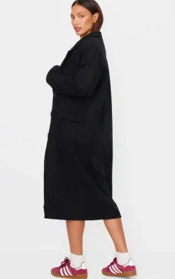 Black Double Breasted Wool Look Overcoat