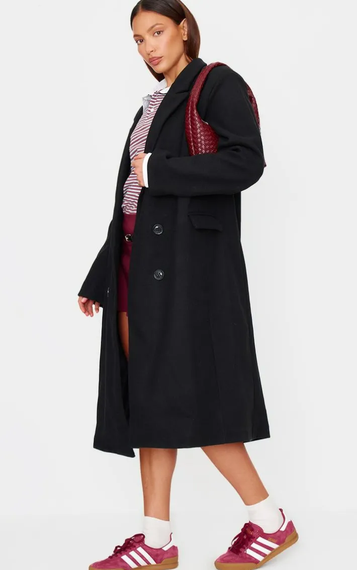 Black Double Breasted Wool Look Overcoat