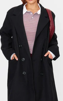 Black Double Breasted Wool Look Overcoat