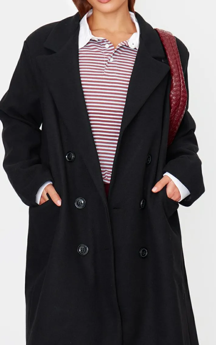 Black Double Breasted Wool Look Overcoat