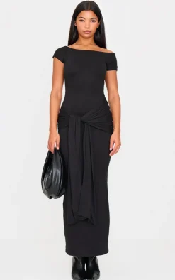 Black Double Contour Boat Neck Wrap Maxi Dress