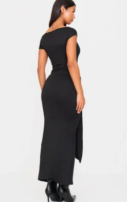 Black Double Contour Boat Neck Wrap Maxi Dress