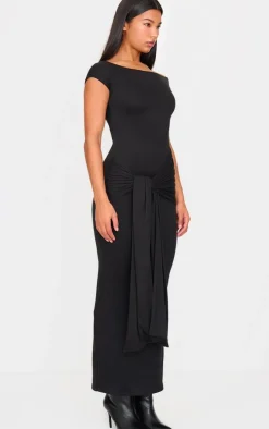 Black Double Contour Boat Neck Wrap Maxi Dress