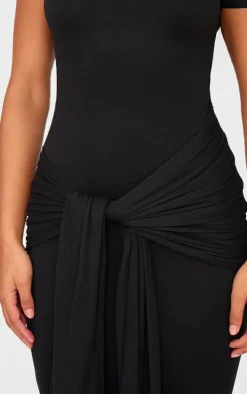 Black Double Contour Boat Neck Wrap Maxi Dress