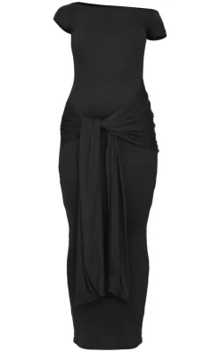 Black Double Contour Boat Neck Wrap Maxi Dress