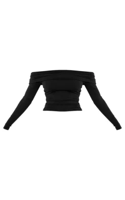 Black Double Contour Jersey Foldover Bardot Long Sleeve Top