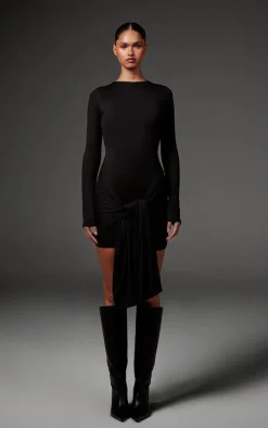 Black Double Contour Long Sleeve Wrap Detail Bodycon Dress